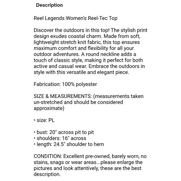 Reel Legends Women's Reel-Tec Top  Size PL  Pink Print  Fishing Outdoor Boating - Picture 6 of 6